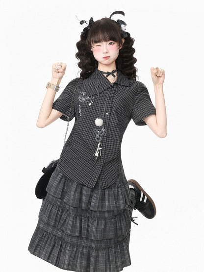 Black Asymmetrical Short Sleeve Top with Kitty Embroidery - Languid Park