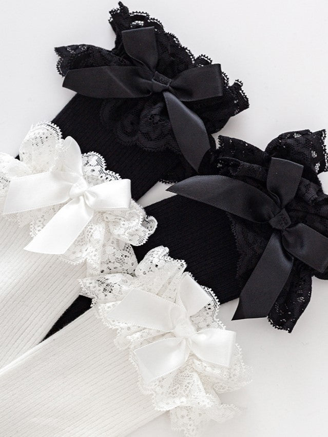 Calf Lolita Lace Details Cuff Black/White Socks Bowknot