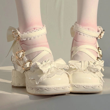 White Sweet Lolita Platform High-heel Mary Janes Cake Heel Bow Heart Buckle - Vintage Sweetheart