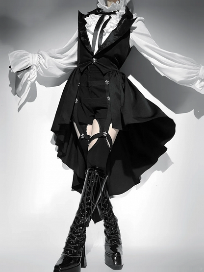 黒ブレザー ロリータ 王子様 チョッキ カスケード フリルカラー テール