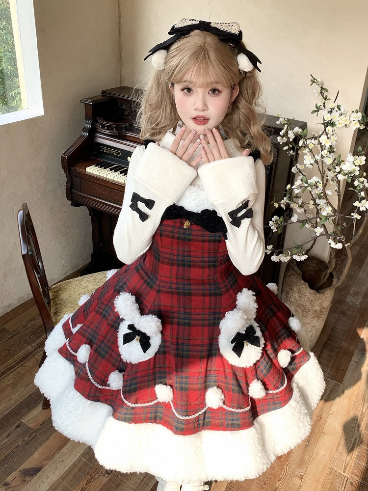 Lolita-Ausschnitt, Saum, Häschen, Ausverkaufsgröße, Oberweite, kariertes Thema, rotes Plüsch- und Musterkleid, Weihnachten, Winter, für L 92–102 cm
