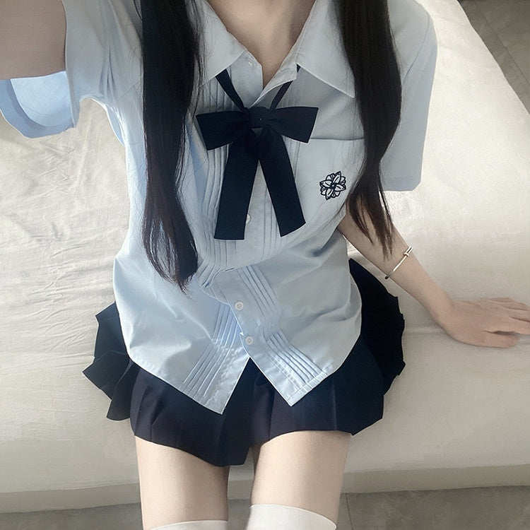 Pleating Style Embroidery Floral Details Sleeves White/Blue Short Preppy Version Shirt