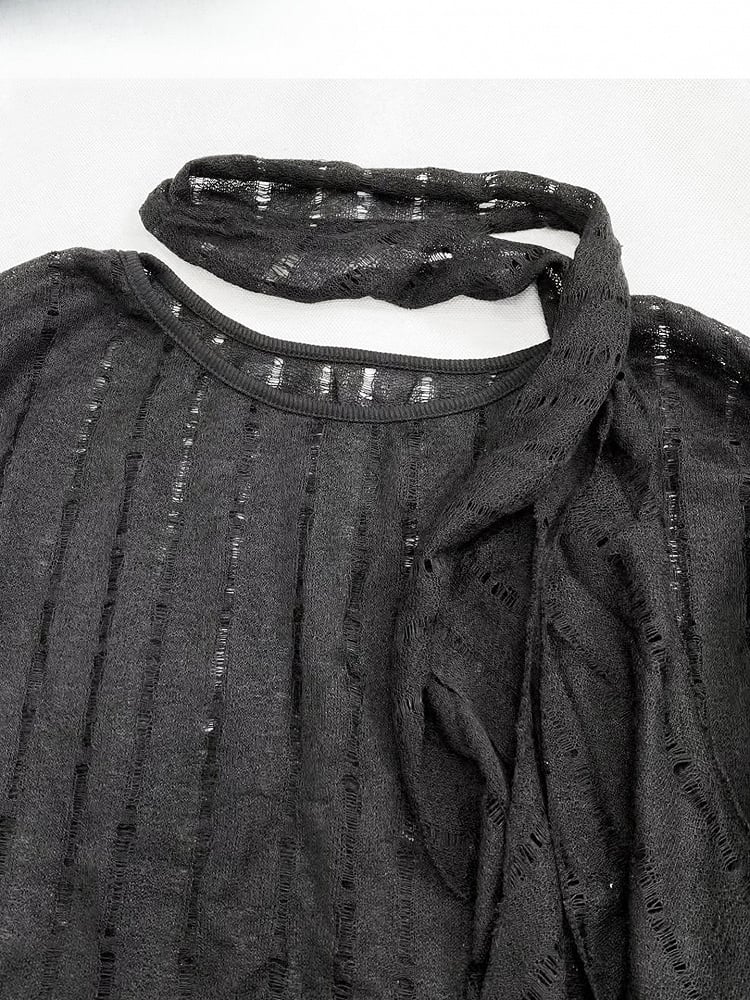 Cutout Sleeves Detail + Top Asymmetrical Hem Long Black Scarf