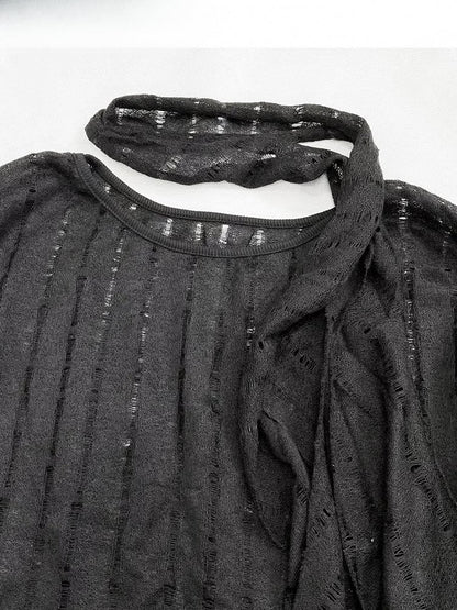 Cutout Sleeves Detail + Top Asymmetrical Hem Long Black Scarf