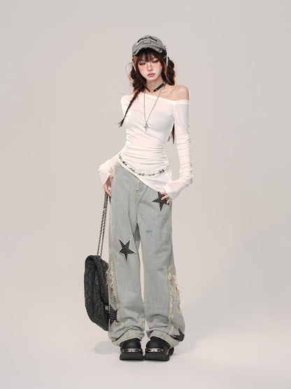 Hellblaue High Street Jeans mit weitem Bein und Sternen