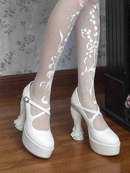 Straps Winged Buckle Platform Heel Heels Sculptural - Gothic White Crisscross