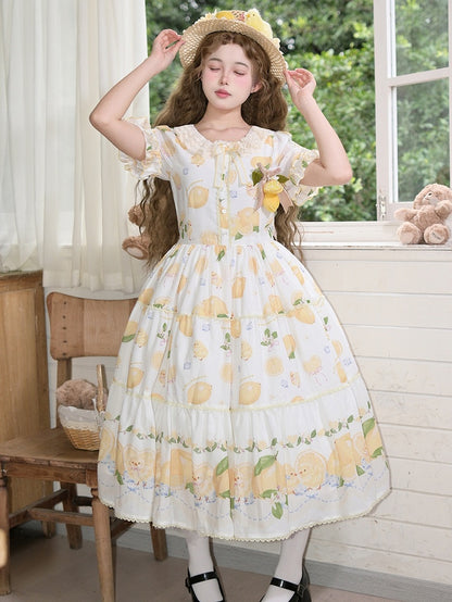 Chick Sleeves for Short Summer White Lolita Dress Print and Lemon Spring