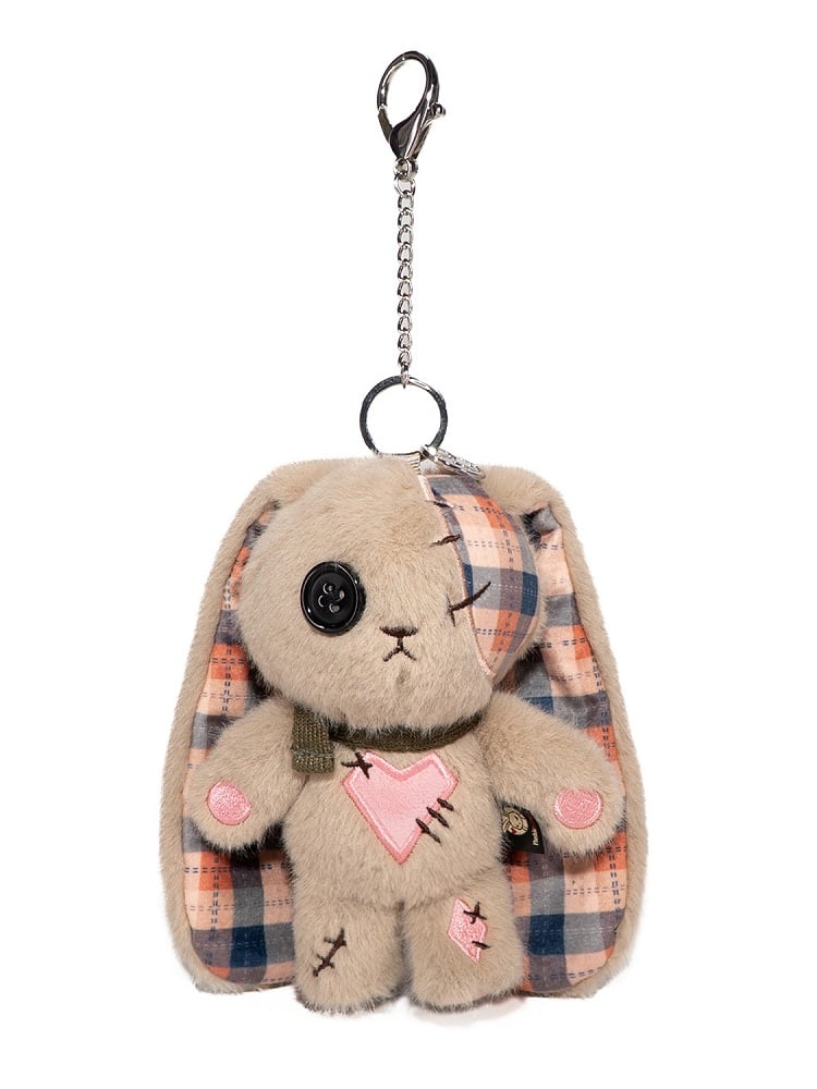 sign Bunny Khaki Heart Details Guro Kawaii - with Keychain Pattern Stitching Plaid