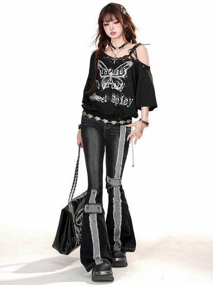 切りっぱなしのストライプが入った、ダメージ加工のブラックハイウエストフレアジーンズ