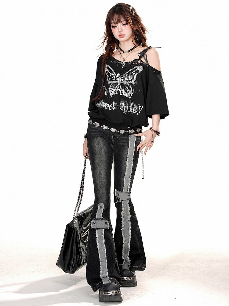 ストライプのロージーンズ、ブラックエッジフレア、ダメージ加工ウエストハイ