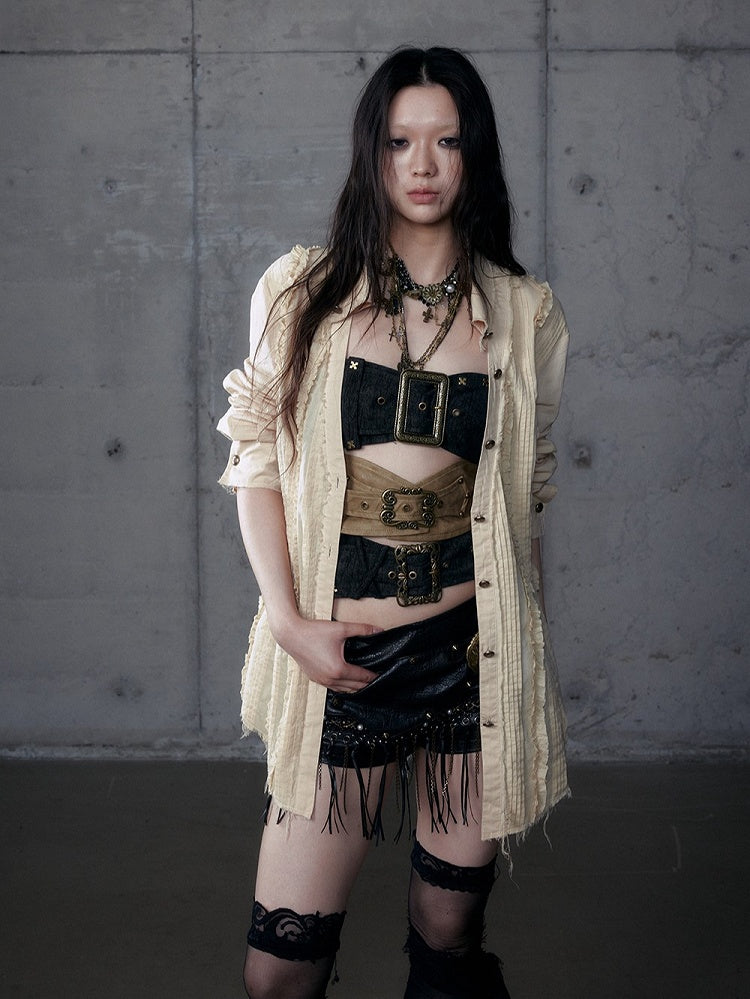 with Punk Distressed Light Blouse V-Neck Pintuck Pleats Khaki Wasteland Hem