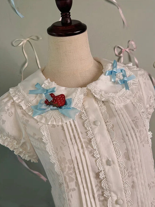 Collar Peter Blouse Decorated Pan Blue Puff Bows Sleeves White