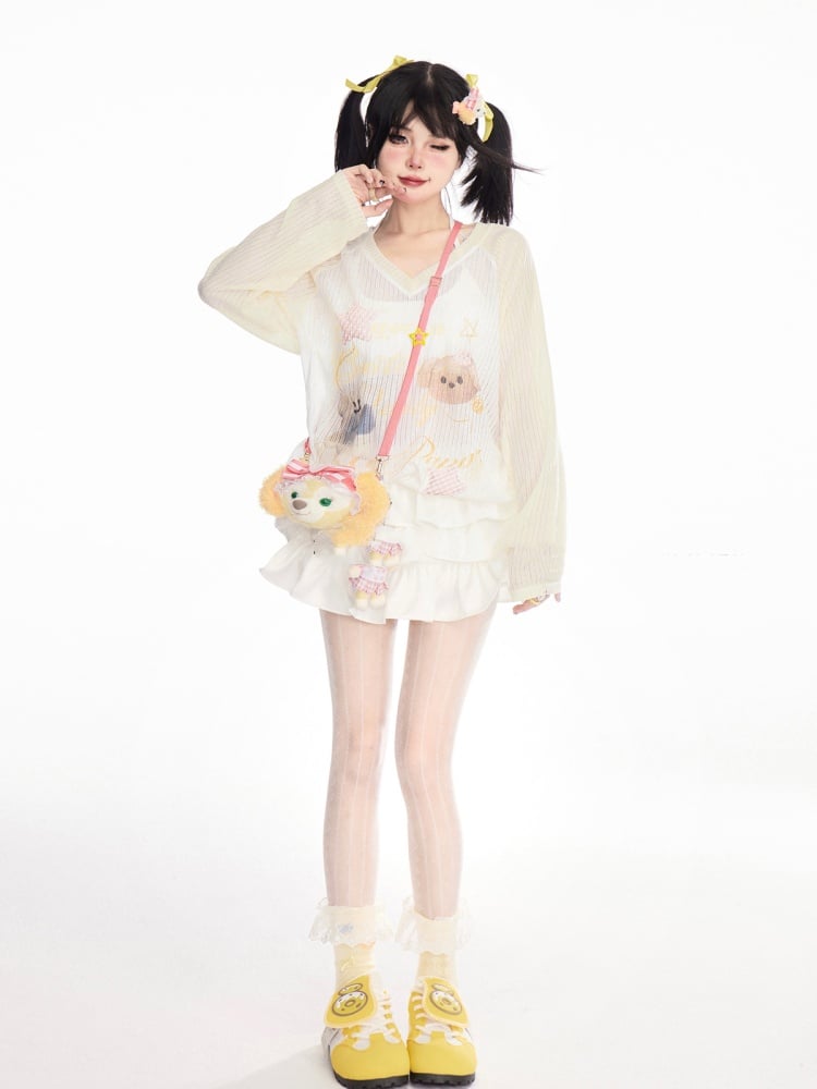 イエローのセミシアーカバーアップデザイン ベアプリント Vネック キュートカラーブロック