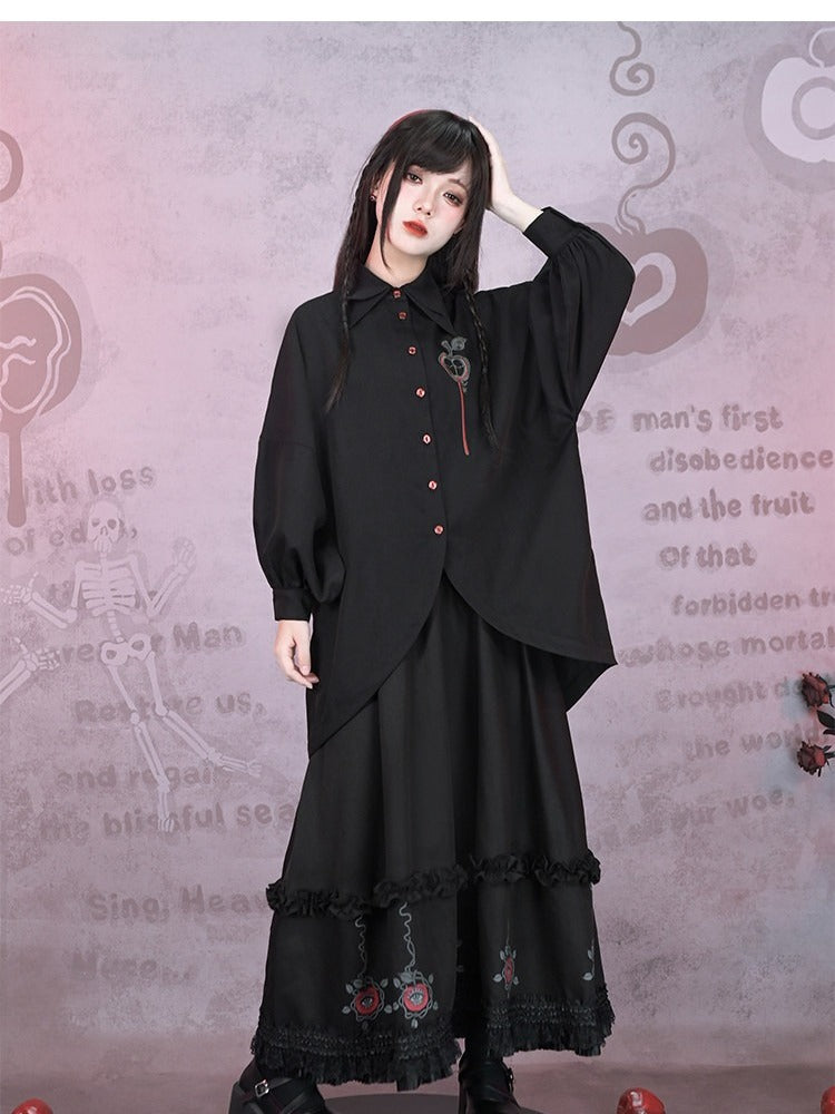 Asymmetrical Black Apple Hem Embroidery Sleeve Long With Shirt Curved Gothic