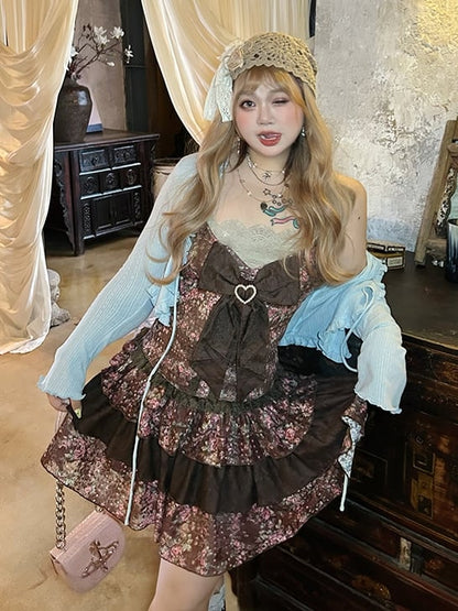 Top / Plus Size Braunes Slip-Kleid mit Blumendruck Mintgrün