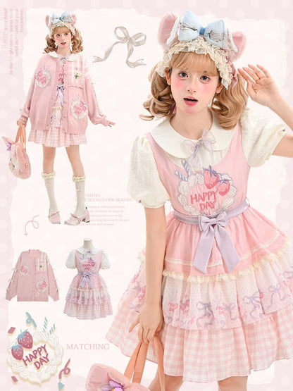 Kragen Rosa Lolita Kleid Rock Erdbeerkuchen Stickerei Sweet Peter Pan Tiered