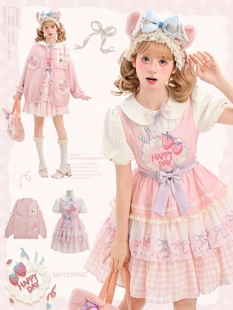 Süße Erdbeerkuchen Stickerei Peter Kragen Lolita Kleid Rock Tiered Pan Pink