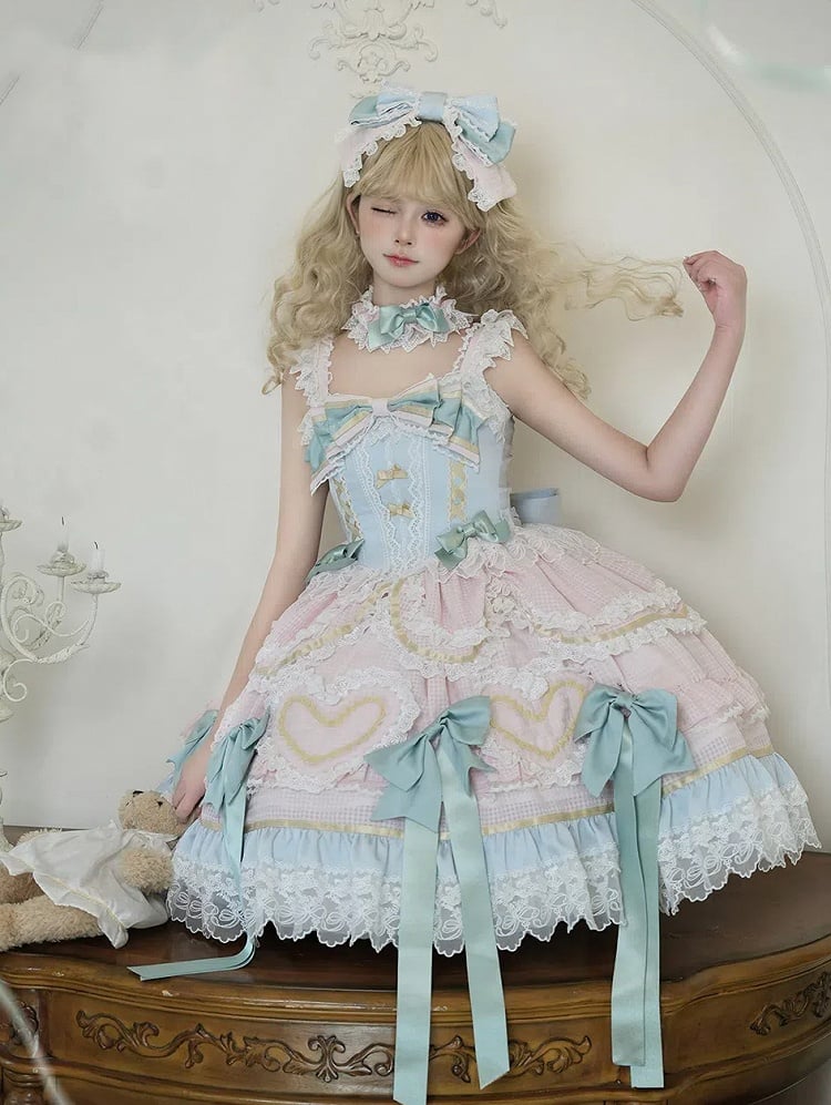 Mintgrünes Schleifen-Rosa und Blaues süßes Lolita-Korsettkleid mit Choker
