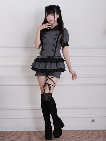 Gray Jirai Kei Double-Breasted Short Sleeve Top with Ruffle Details - No Genki