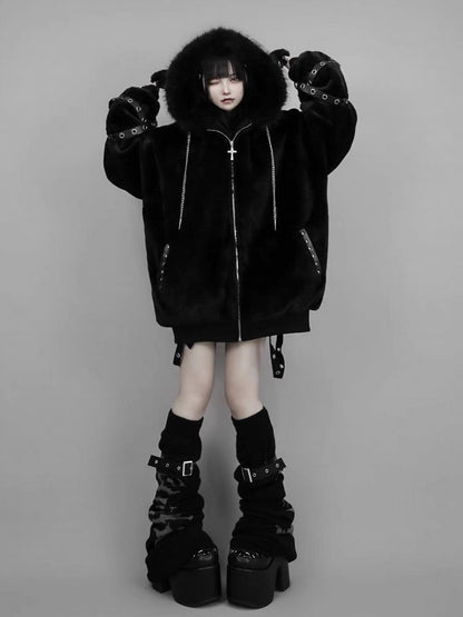 Jirai Kei White / Black Plush Lamb Ear Hooded Coat with Crossed Eyelet Straps and Back Cross Applique