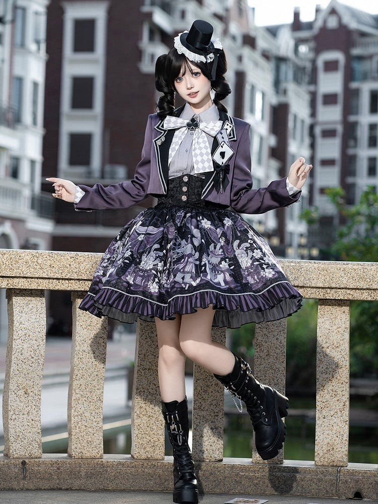 + Gothic Set Waist Skirt Bunny High Cropped Magician Coat Print Lolita Lapel Sleeveless Purple - Top