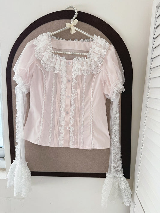 Blush Cotton Doll Shirt with Detachable Lace Puff Sleeves