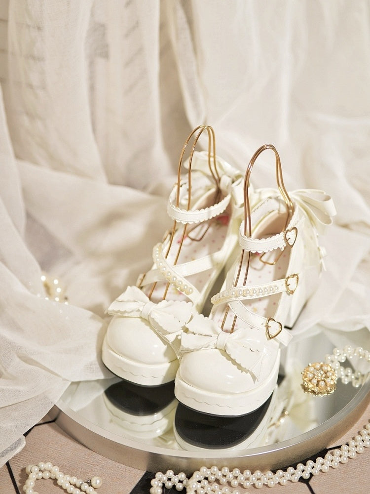 Plateau Mary Block mit überkreuzten Riemen - Janes Heel Schnalle High Sweet Lolita Weißes Herz Perlen