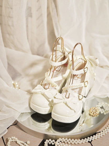 Plateau Mary Block mit überkreuzten Riemen - Janes Heel Schnalle High Sweet Lolita Weißes Herz Perlen