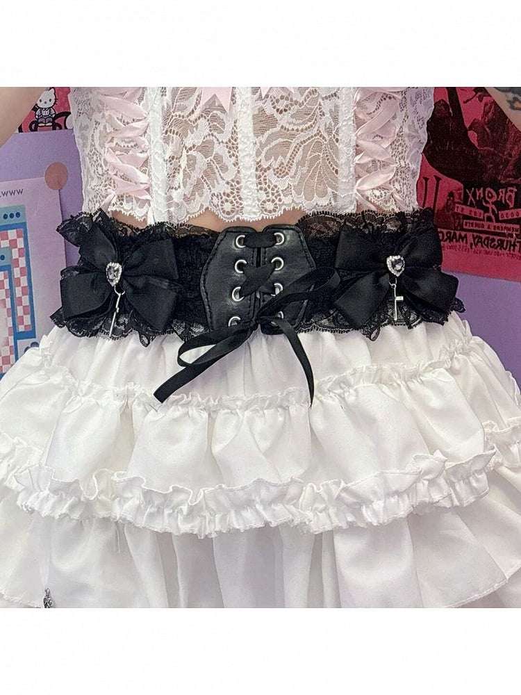 Lace Trim Belt Bow Decoration - Peach Captain