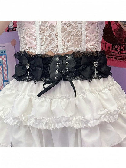 Lace Trim Belt Bow Decoration - Peach Captain