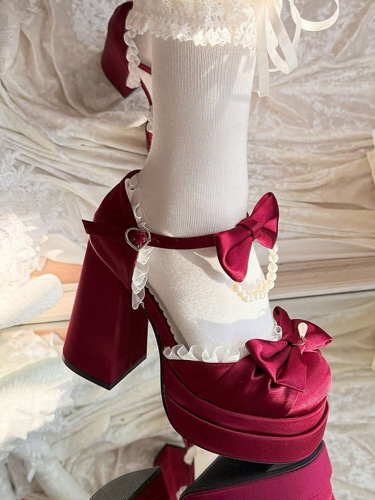 Wine Red Lolita Style Witch Diary Pearl Chain & Lace Bow Accent 12cm Heels - Witch's Night