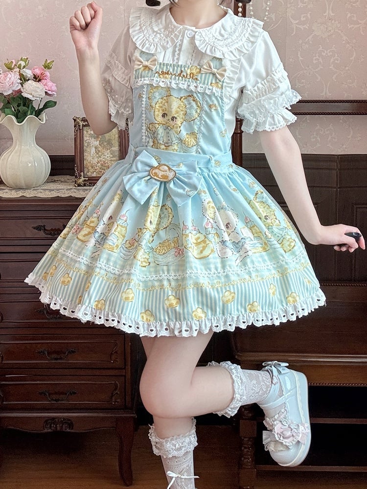 Gold Overall Lolita Dress Ingot and Sweet Mouse Print Blue