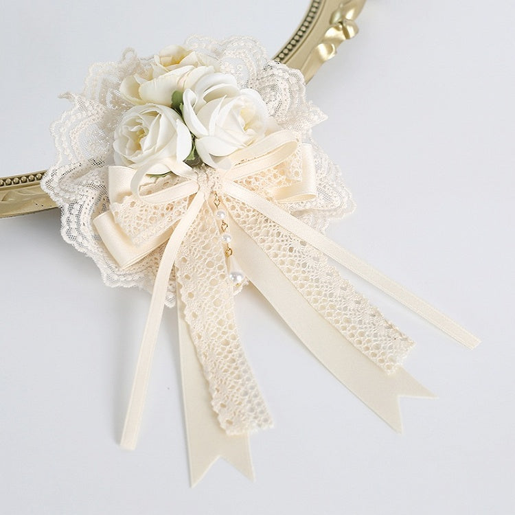 Exquisite Hairclip With Lolita And Floral Beige Bead Lace Bowknot