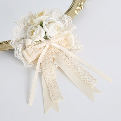 Exquisite Hairclip With Lolita And Floral Beige Bead Lace Bowknot