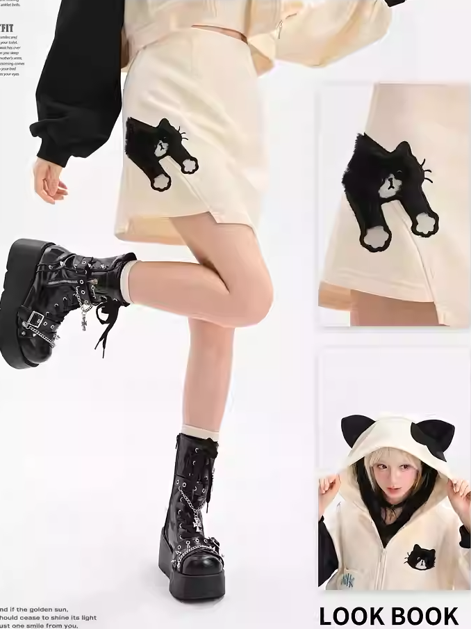 黒猫柄ホワイトアシンメトリーヘムスカート