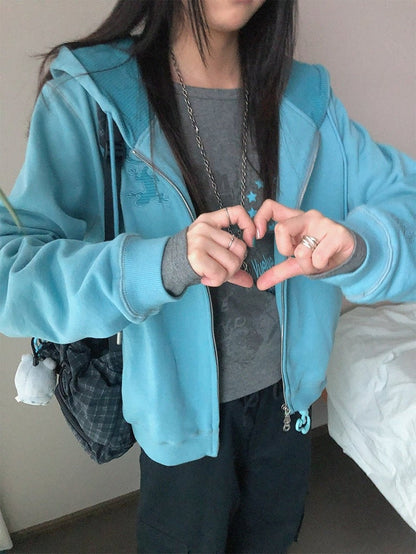 Retro Fall Blue Hooded Zip Jacket with Gecko Motif and Striped Accents - innomoood