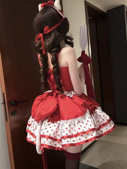 Lolita Fluffy Basque Dress Sweet Bow White Polka-dot with Pattern and Waist Red Accents
