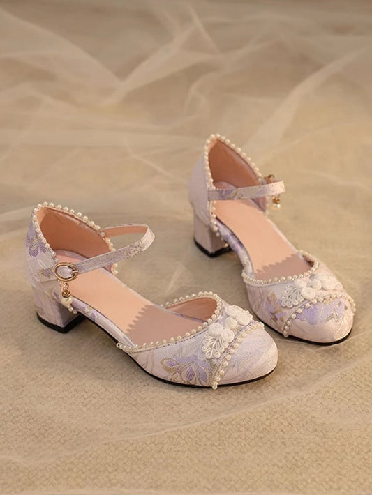 Top Details Perlen an der Ferse Lolita Qi 4cm Frosch Satin Sandalen Knopf Lila