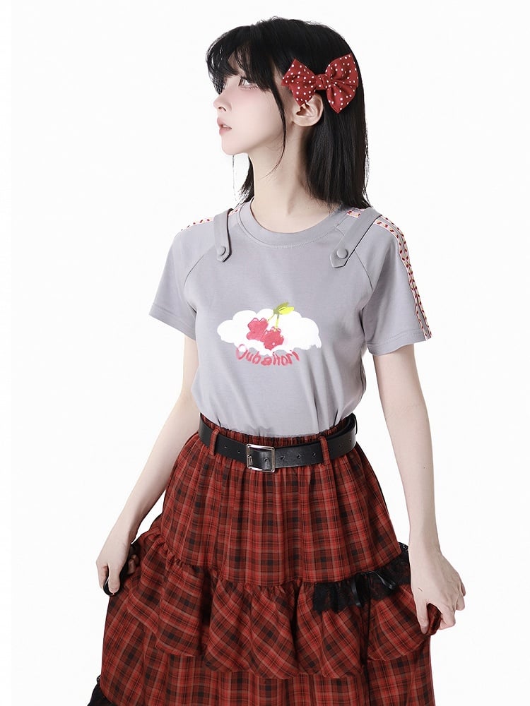 Round Neck Gray Cherry Print T-Shirt