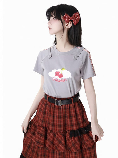 Round Neck Gray Cherry Print T-Shirt