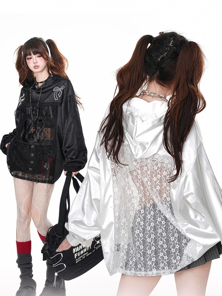 Black/White Bowknot Embroidery Contrast Lace Patches Loose Hoodie