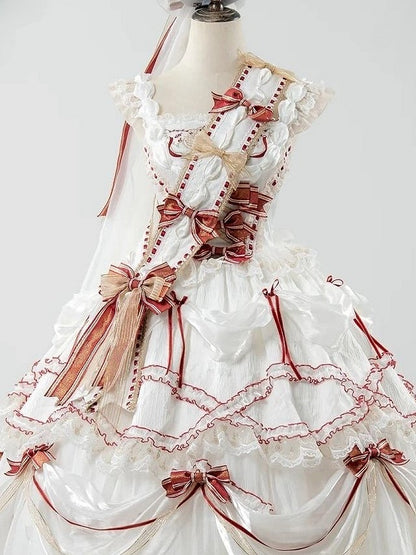 Decorated Lolita White Bowknots Sash Red