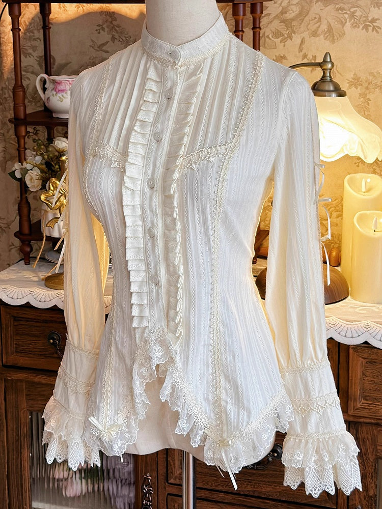 Sleeevs with Pleating Stand and Collar Lace Trim Blouse Beige Details Long