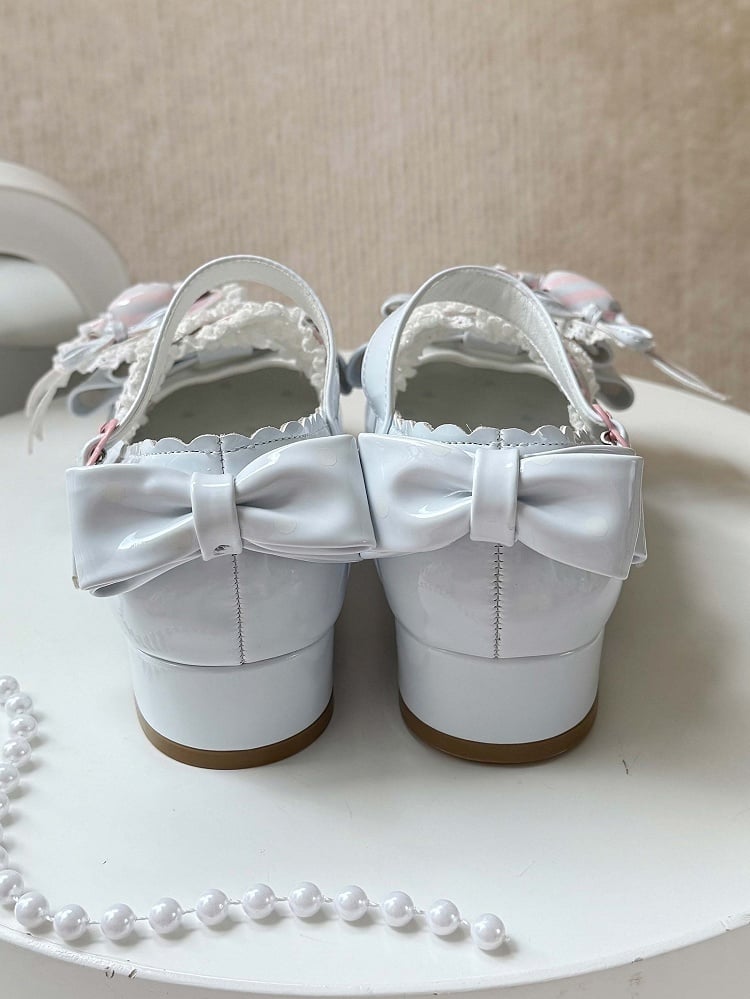 - Low Heels Pink mit Clip Style Lolita Sweet A Candy-Decorated Heart Shoe Bow Blue