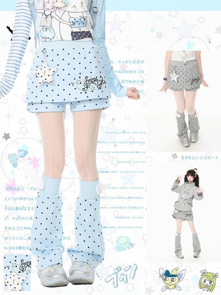 Otaku Kawaii Blue Dot Two Piece Skort Music Note Star Charm Leg Warmers - Languid Park
