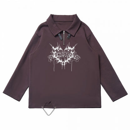 Sweatshirt mit Kragen und Grafik, braun, Polokragen, Schnallenriemen-Ausschnitt