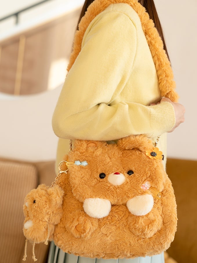 Dunkelgelber süßer Bären-Plüsch-Rucksack mit Klappe, mittlere/große Größe
