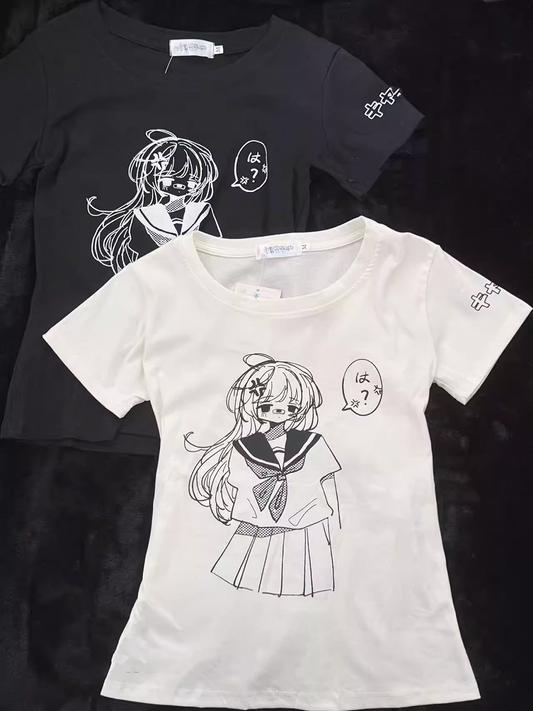 Rundhalsausschnitt mit weißem / Anime-Mädchen-Aufdruck, Baumwoll-T-Shirt, Schwarz