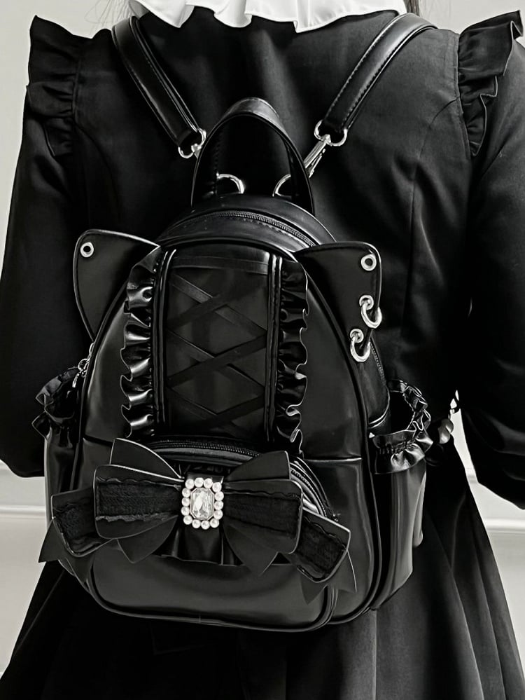 Schwarzer Kei-Rucksack mit Katzenohren und Perlen- und Strassschleife Jirai