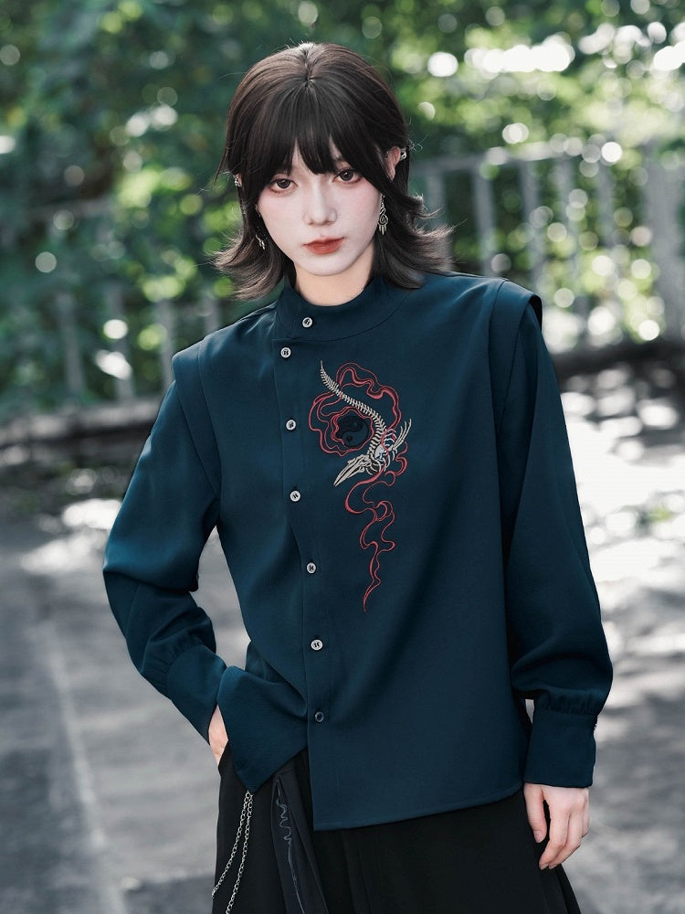 Navy Stand-Collar Asymmetric Shirt with Skeleton Whale Embroidery - Quirky Hut